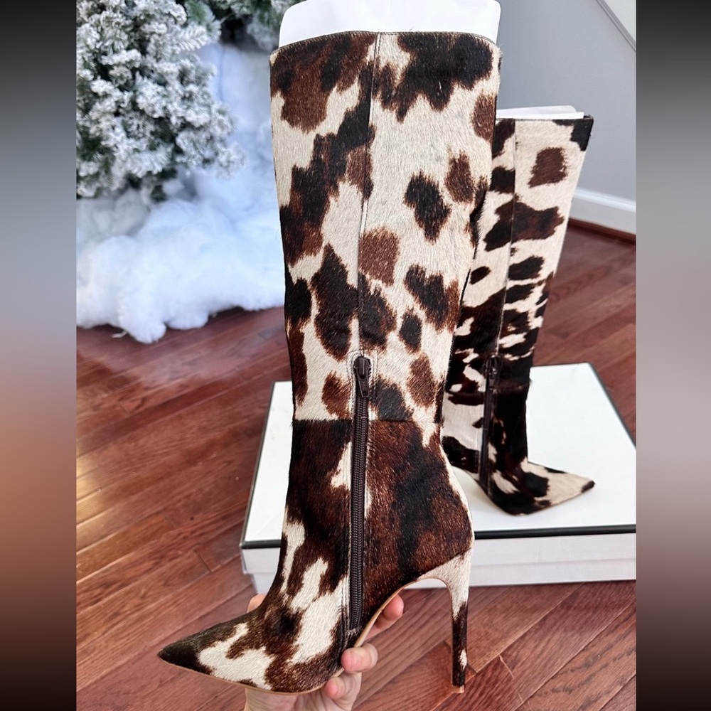 Steve Madden Nitro Brown Cow Print Real Fur Knee-High‎ Heeled Boots - Picture 8 of 12